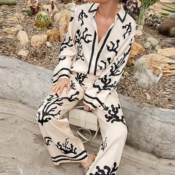 Apricot Casual Women's S Set Front Button Long Sleeve Printed Top And Pants - Picture 3 of 4